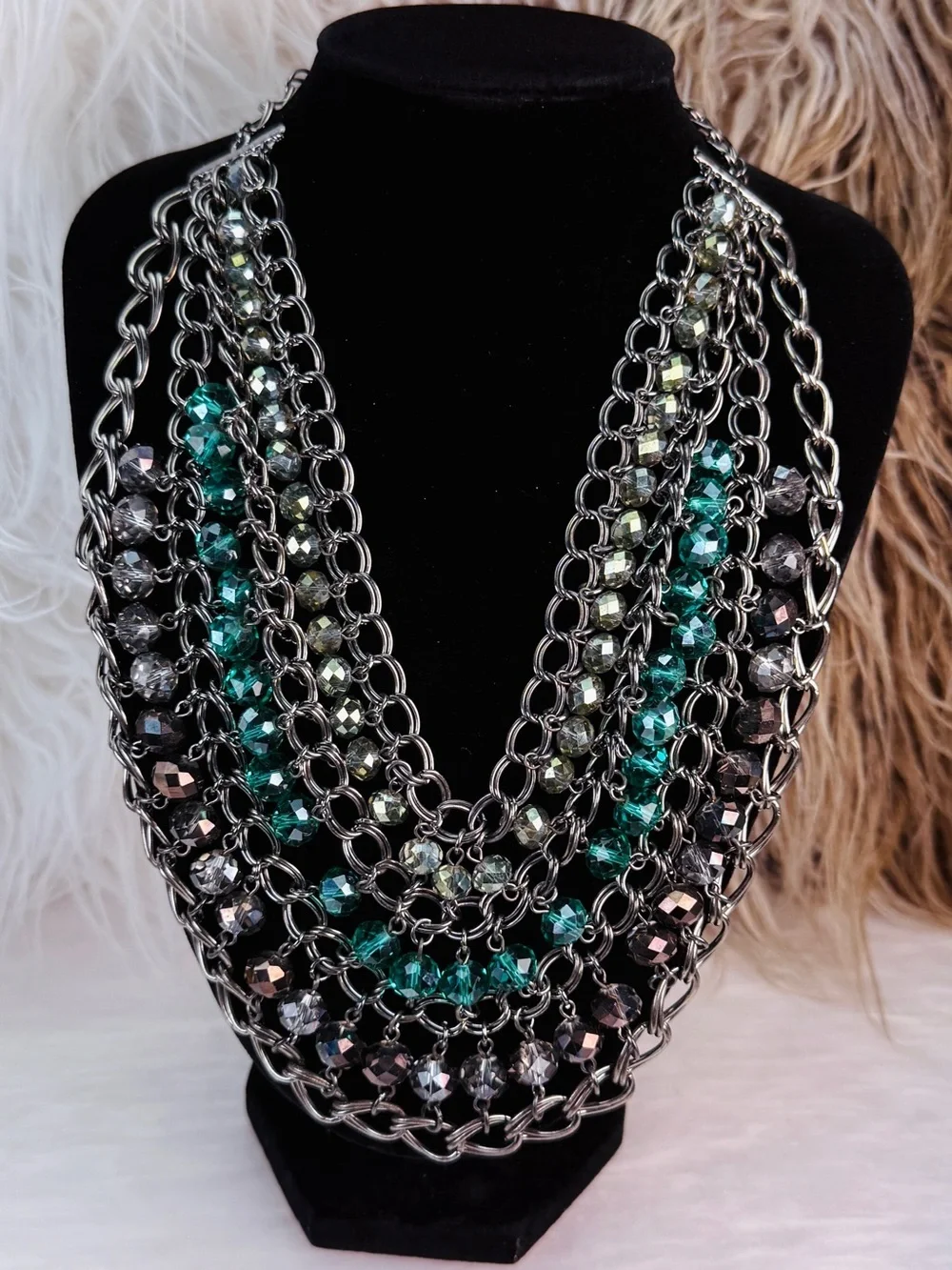 Multi Strand Dark Silver Tone Chain Teal Faceted Bead Bib Statement Necklace